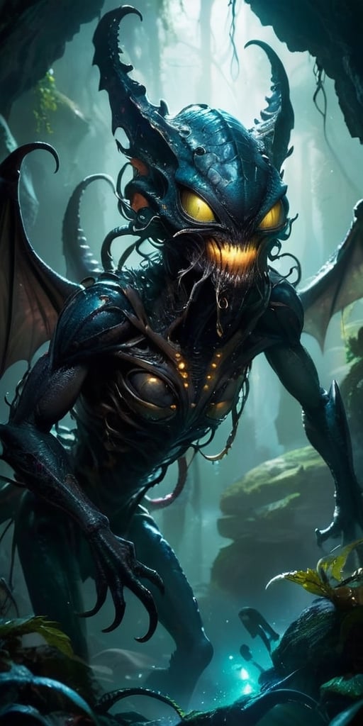 In the depths of a dark,  cavernous alien world,  a monstrous alien hybrid slithers through the shadows. Its body is a gro...