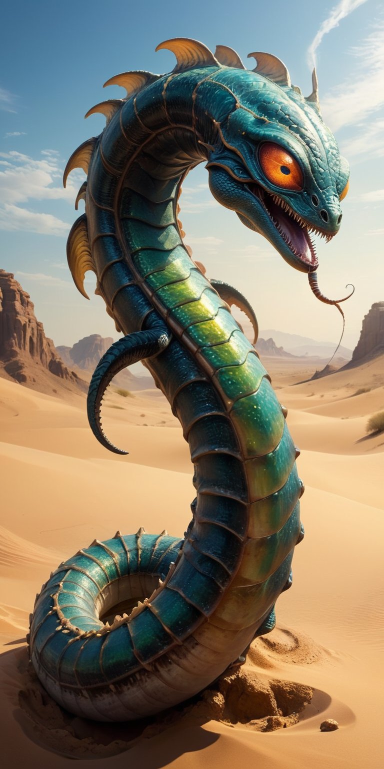 A hidden oasis shimmers in the desert heat. A serpentine alien with iridescent scales slithers towards a monstrous sandwor...