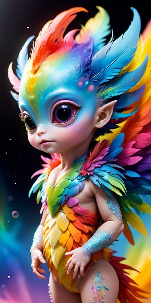 An alien infant with a body that is covered in soft,  downy feathers that shimmer with a rainbow of colors. It has a small...