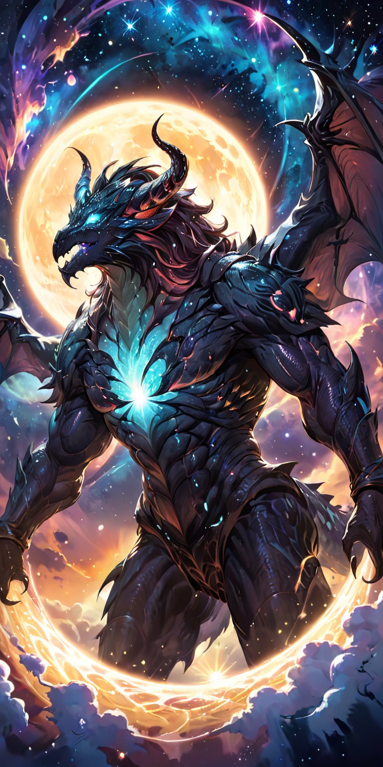 Interstellar Beast:A massive alien beast with scales and horns,  its body partially illuminated by the light of a nearby s...