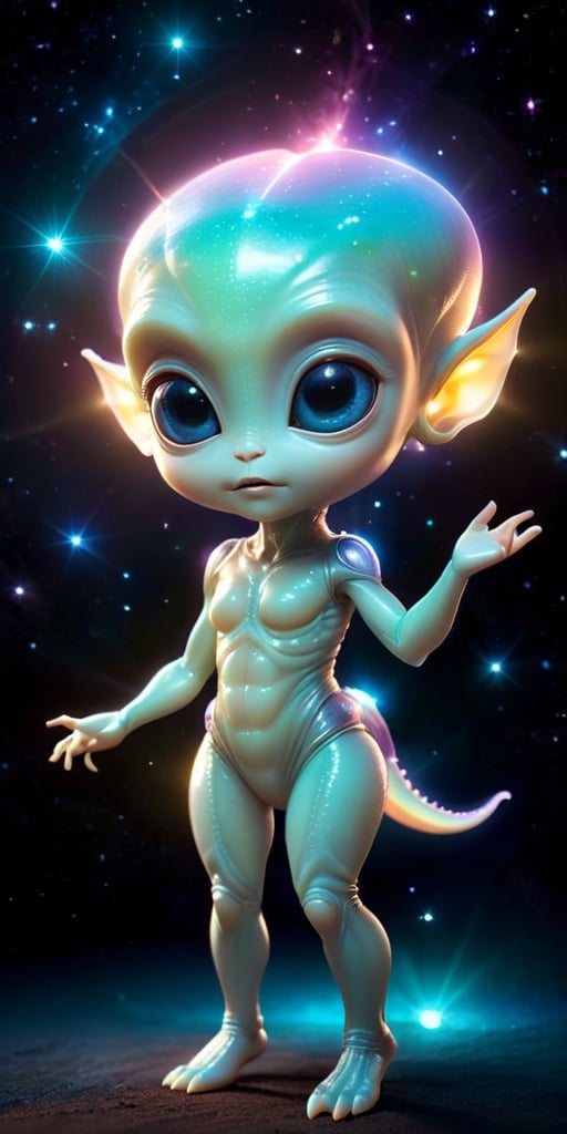 A baby alien with a body that is composed entirely of light. It emits a soft,  gentle glow that illuminates its surroundin...