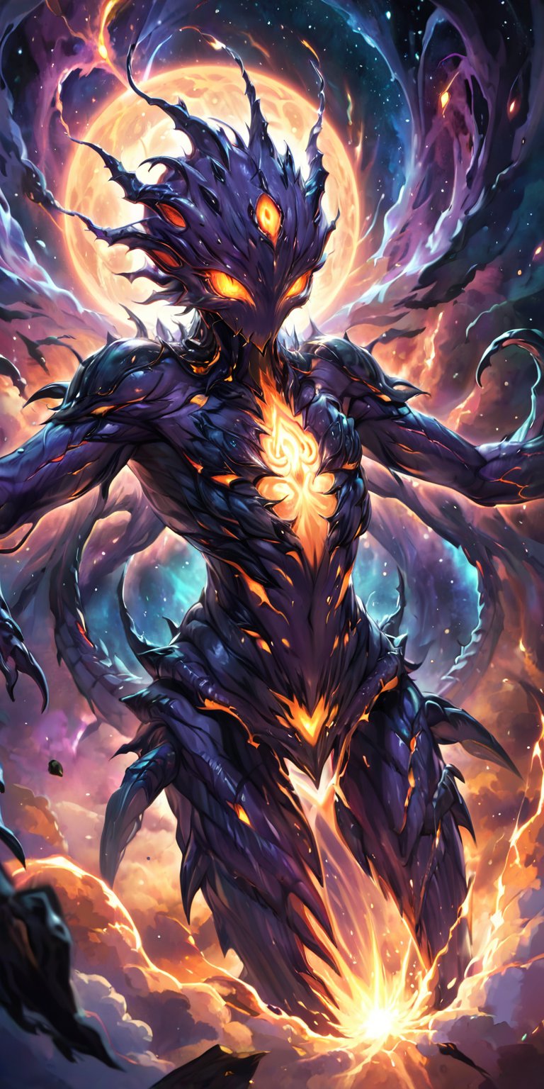 Nebula Nightmare An alien monster with a twisted, elongated body, covered in spines and glowing veins. It emerges from the centre of a swirling nebula, its many eyes scanning for prey as it prepares to strike.
