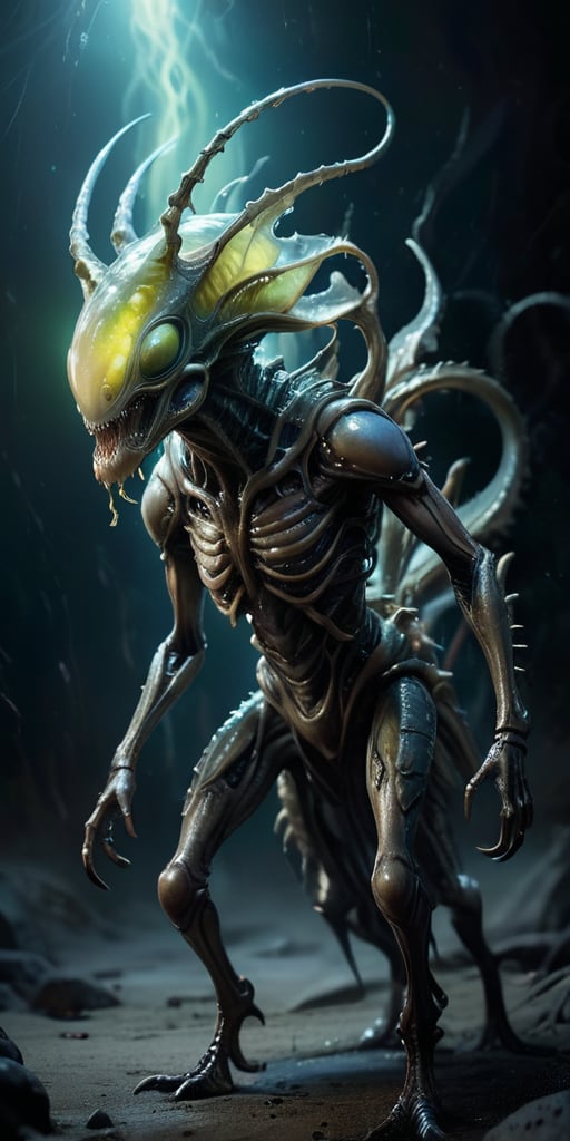 Standing in a desolate,  windswept wasteland,  an alien-monster hybrid with a translucent by Caption Master on Tensor.Art