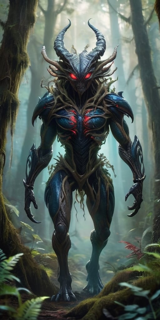 In the heart of a dense,  alien forest,  a monstrous alien hybrid stalks through the undergrowth. Its body is covered in t...