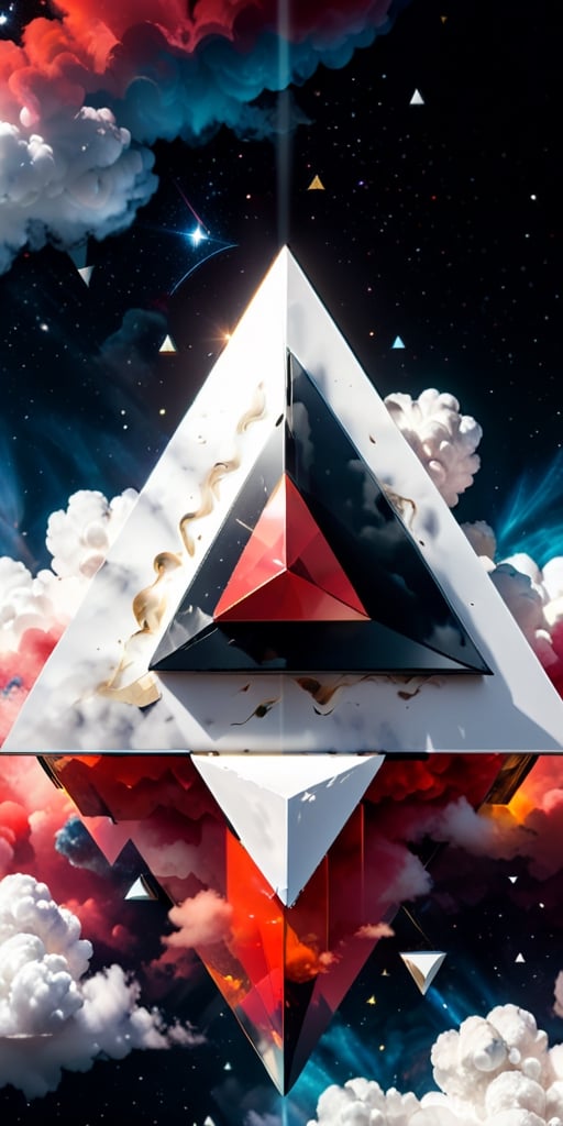 close up angle of (( on the cloud), (Red, black, white colour triangle ),()detailed focus, deep bokeh, beautiful, , dark cosmic background. Visually delightful , 3D,ULTIMATE LOGO MAKER [XL],more detail XL