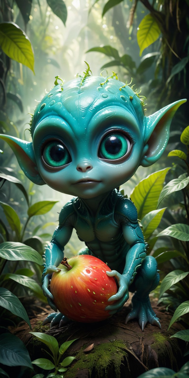 Amid the vibrant foliage of an alien jungle,  a baby alien with bright,  emerald-green skin and a small by Caption Master...