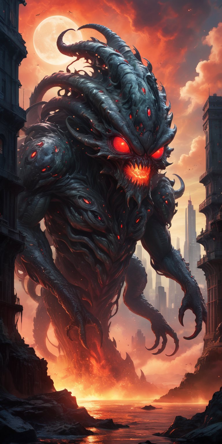 A colossal,  serpentine alien creature with glowing red eyes and a hide covered in barnacle-like growths emerges from a po...