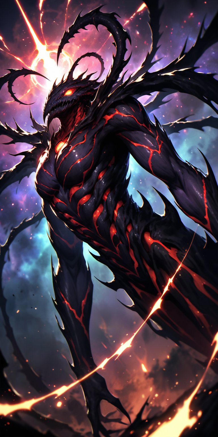 Nebula Nightmare An alien monster with a twisted, elongated body, covered in spines and glowing veins. It emerges from the centre of a swirling nebula, its many eyes scanning for prey as it prepares to strike.
