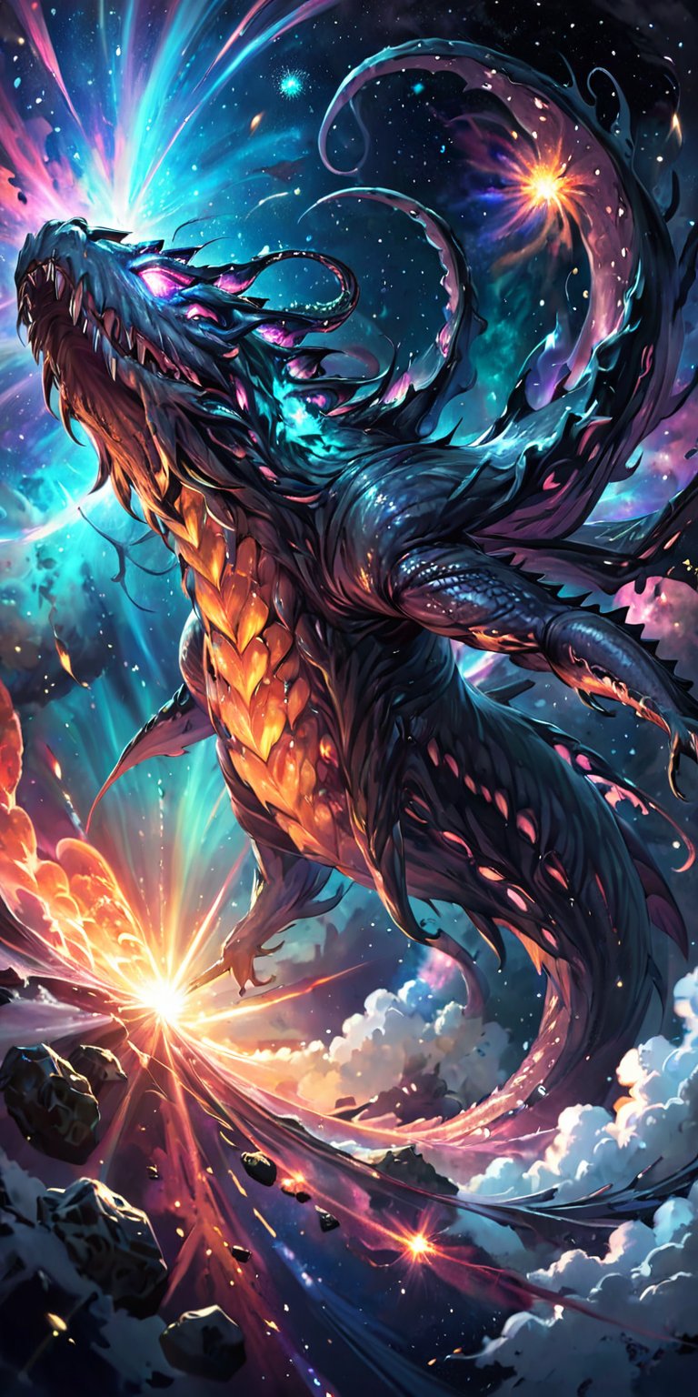 Space Leviathan:A gigantic alien leviathan with tentacles and bioluminescent markings,  emerging from the darkness of spac...