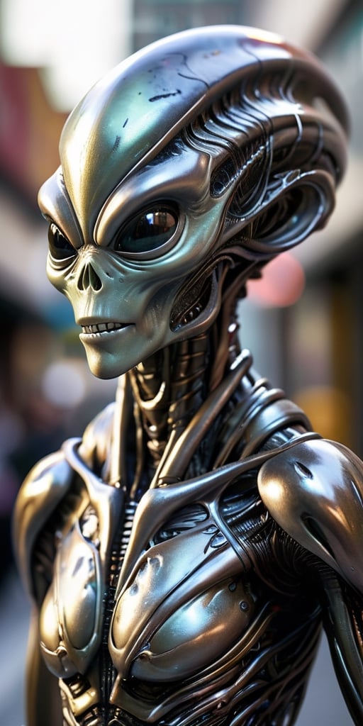 A humanoid alien with metallic skin that constantly shifts and changes colors,  camouflaging it in its surroundings. Its l...