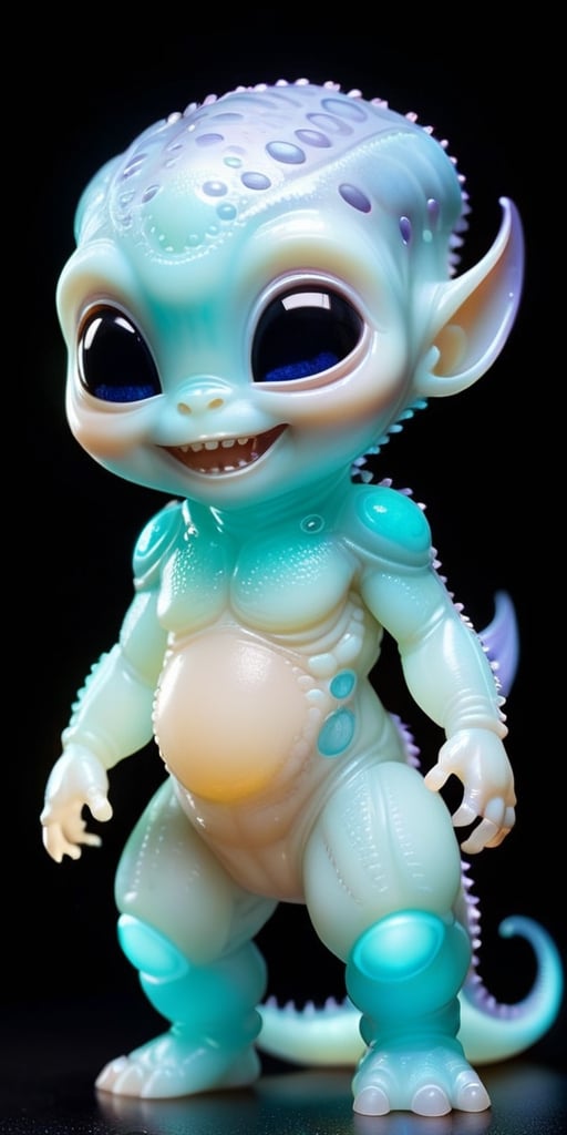 An alien infant with skin that is covered in tiny,  bioluminescent spots that glow softly in the dark. It has a round,  ch...