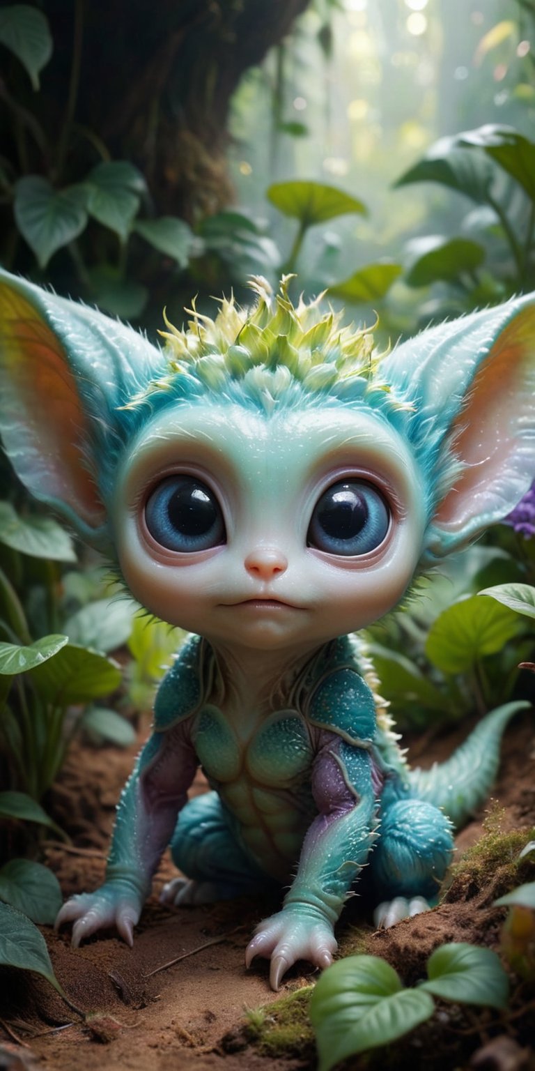 On a cozy bed of soft,  alien plants,  a baby alien with pastel-colored fur and large by Caption Master on Tensor.Art