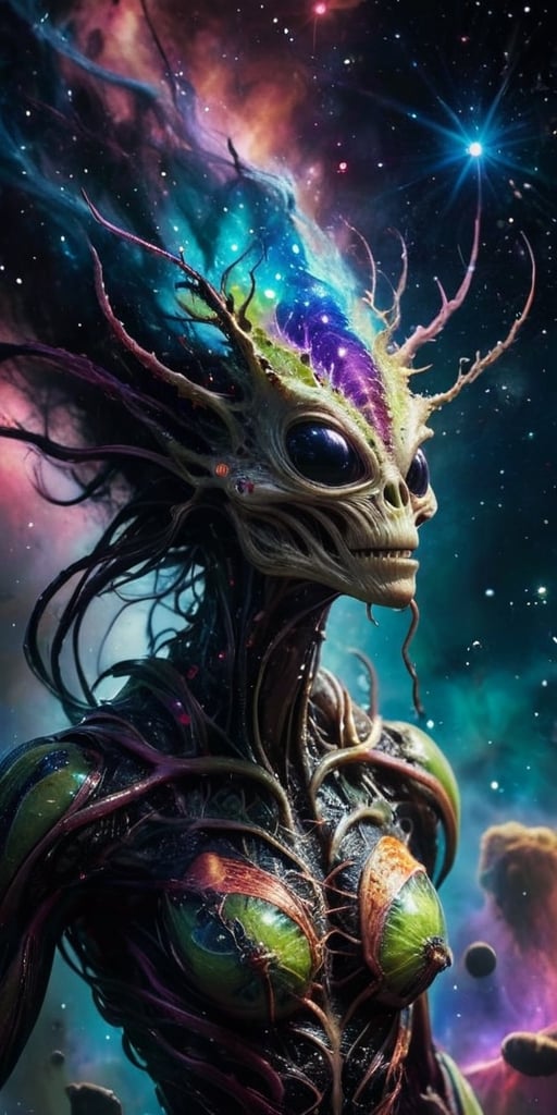 Amidst the cosmic backdrop of a distant star cluster,  a horrifying creature takes shape,  blending alien and monstrous fe...