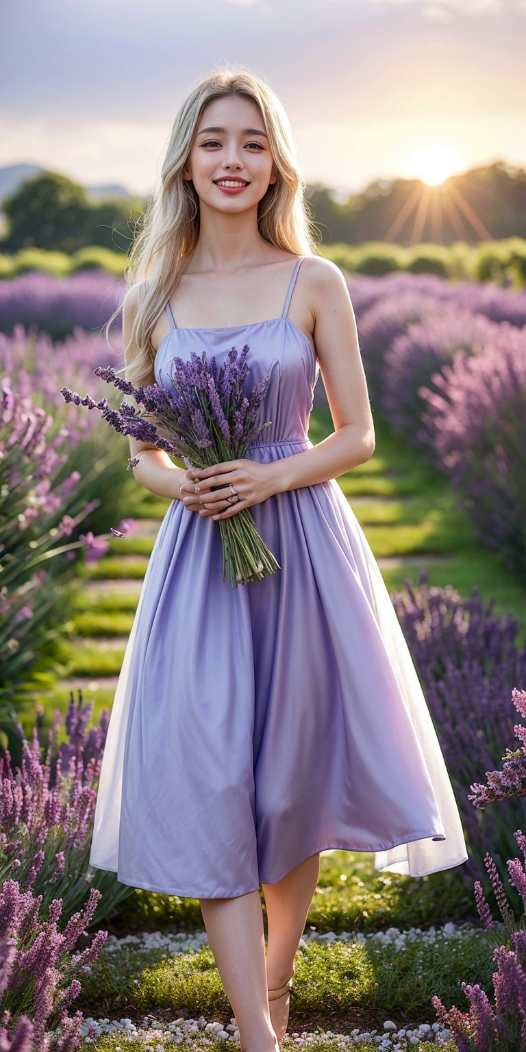 A serene woman with long,  silver hair and a calm smile stands in a blooming lavender field. She wears a simple,  light pu...