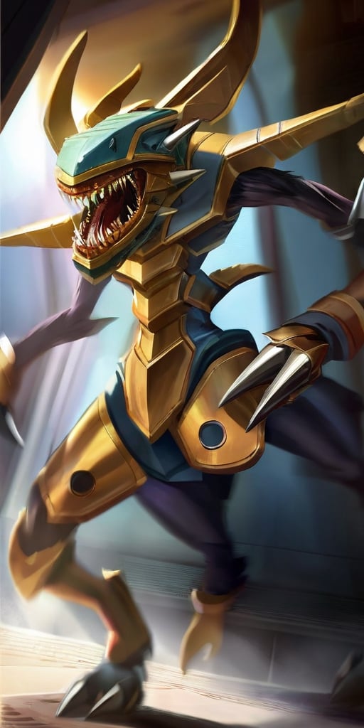 A creature with a body covered in sharp,  metallic plates that clank and clang as it moves. It has a large,  gaping maw fi...