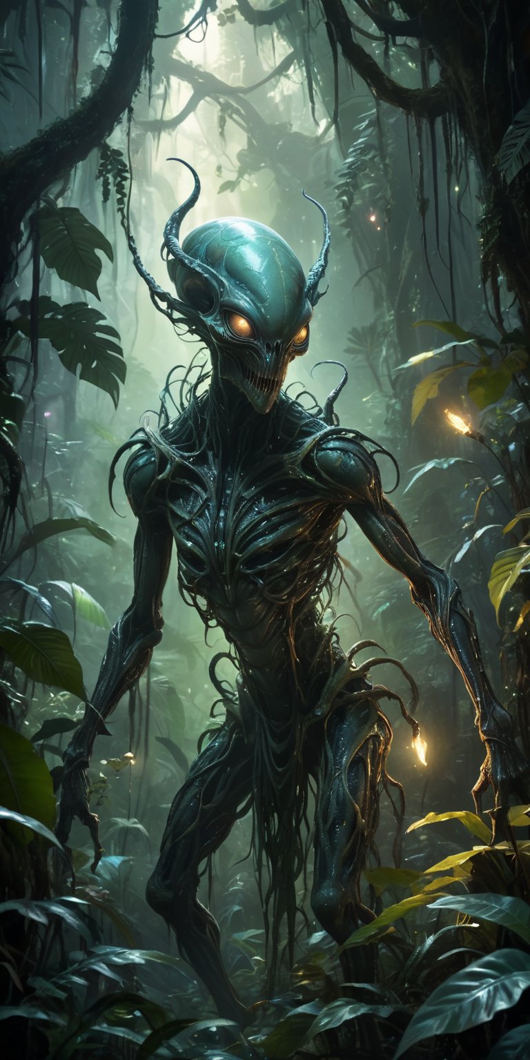 A grotesque alien being with gaping maw and spindly limbs stalks through a dense jungle,  its bioluminescent skin casting...
