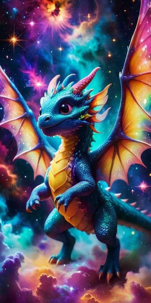 Playful Dragon in a Nebula A playful baby dragon with wings like butterfly wings made of stardust flies through a vibrant nebula. Its body glows with an ethereal light as it weaves through the colorful gas clouds and twinkling stars.