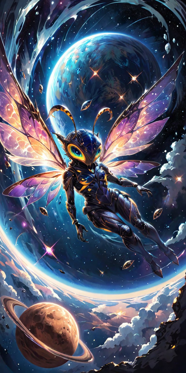 Alien Hivemind:A swarm of small,  insect-like alien creatures with iridescent wings and sharp mandibles,  buzzing menacing...