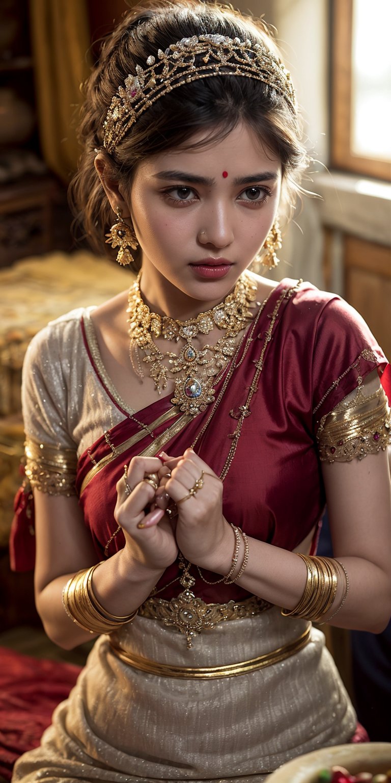 A documentary-style portrait of a female Indian artisan,  her hands skillfully crafting a piece of traditional jewelry. by...