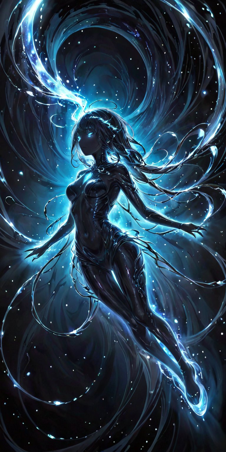 Alien Wraith:A ghostly alien figure with flowing tendrils and a semi-transparent body,  drifting ominously through space....