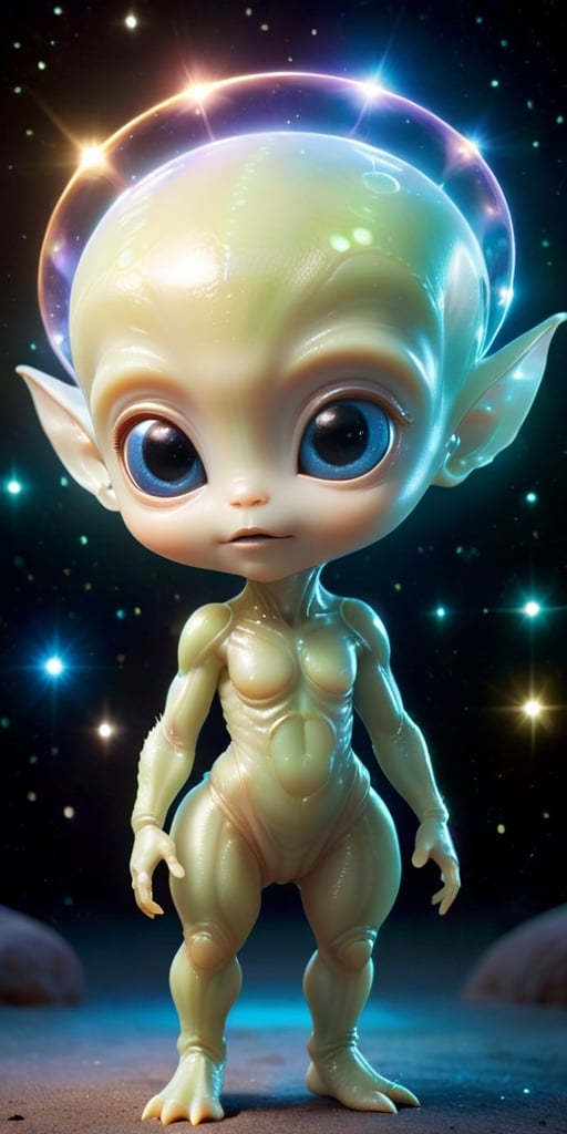 A baby alien with a body that is composed entirely of light. It emits a soft,  gentle glow that illuminates its surroundin...