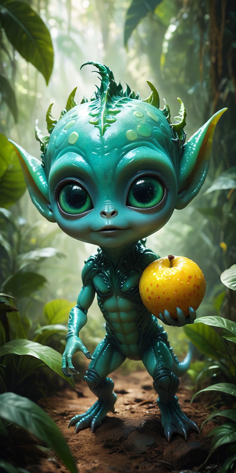 Amid the vibrant foliage of an alien jungle,  a baby alien with bright,  emerald-green skin and a small by Caption Master...
