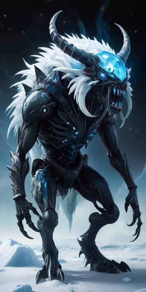 In the icy,  desolate wastelands of an alien moon,  a monstrous hybrid emerges from the frozen ground. Its body is a chill...