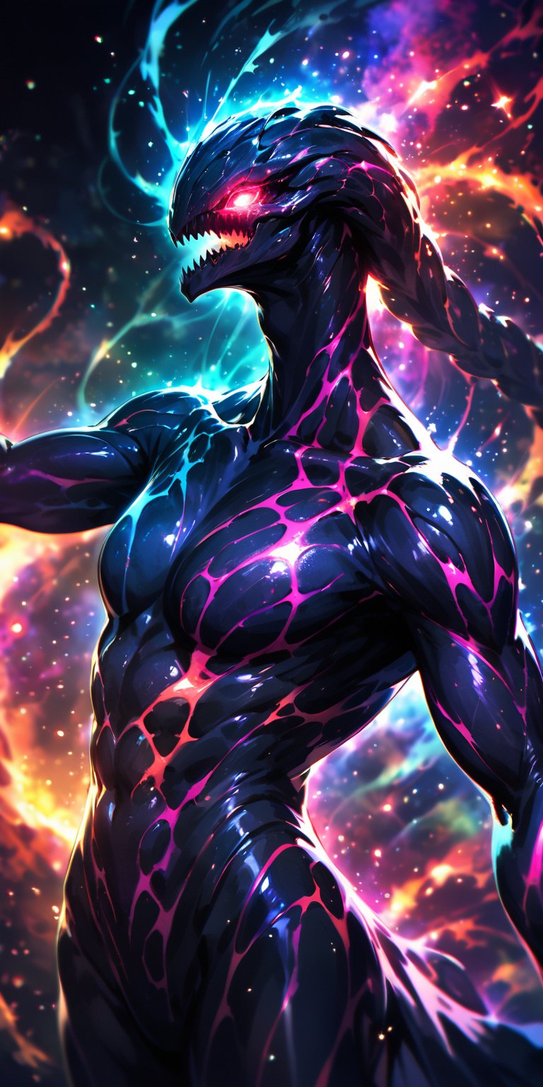 Galactic Hydra:A multi-headed alien hydra with glowing eyes and serpentine necks,  slithering through space. The backdrop...