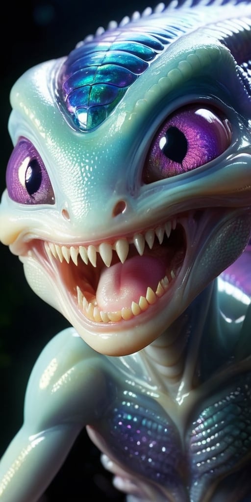An alien infant with skin that is covered in tiny,  iridescent scales that shimmer in the light. It has a mouth that stret...
