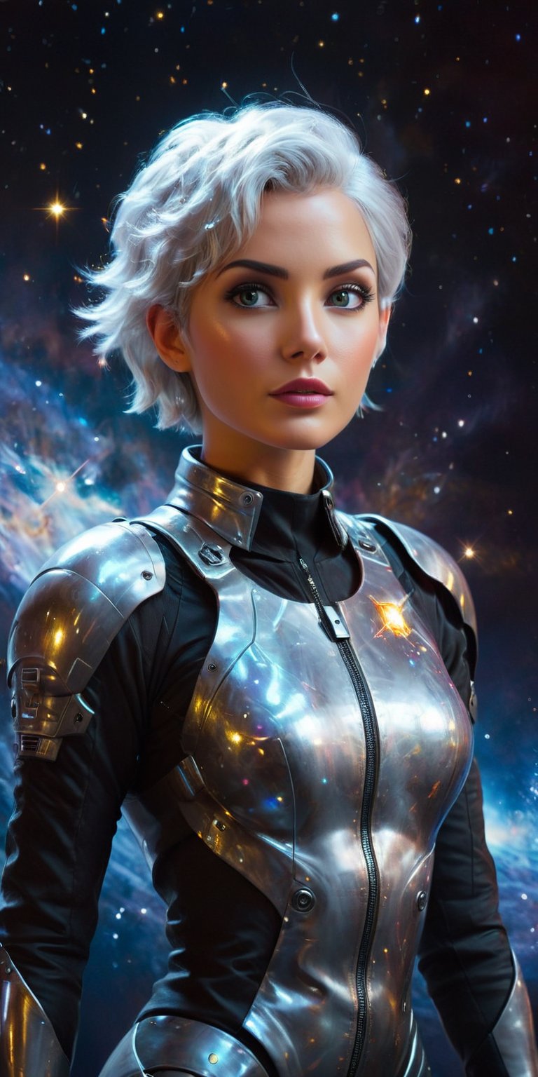 Cosmic Navigator A beautiful woman with short, silver hair and an air of confidence, clad in a sleek, minimalist spacesuit. She stands at the helm of a starship, with a large holographic map of the galaxy displayed before her and the stars glittering through the viewport.
