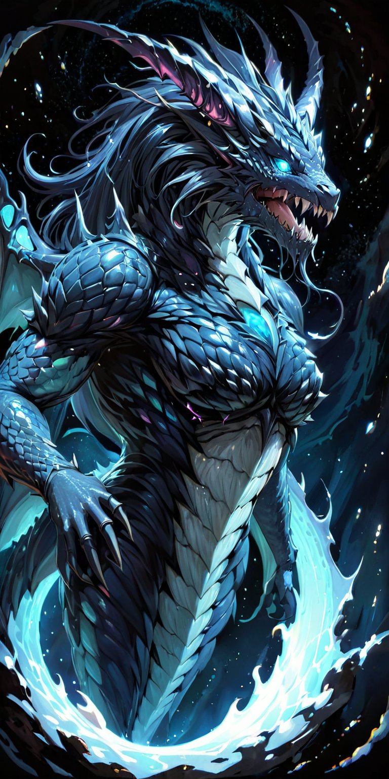  Space Leviathan A colossal alien beast resembling a mix between a dragon and a deep-sea creature, with scales that reflect the starlight. Its mouth opens wide, revealing rows of jagged teeth as it swims through the void of space, devouring anything in its path.
