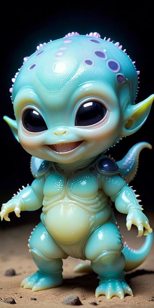An alien infant with skin that is covered in tiny,  bioluminescent spots that glow softly in the dark. It has a round,  ch...
