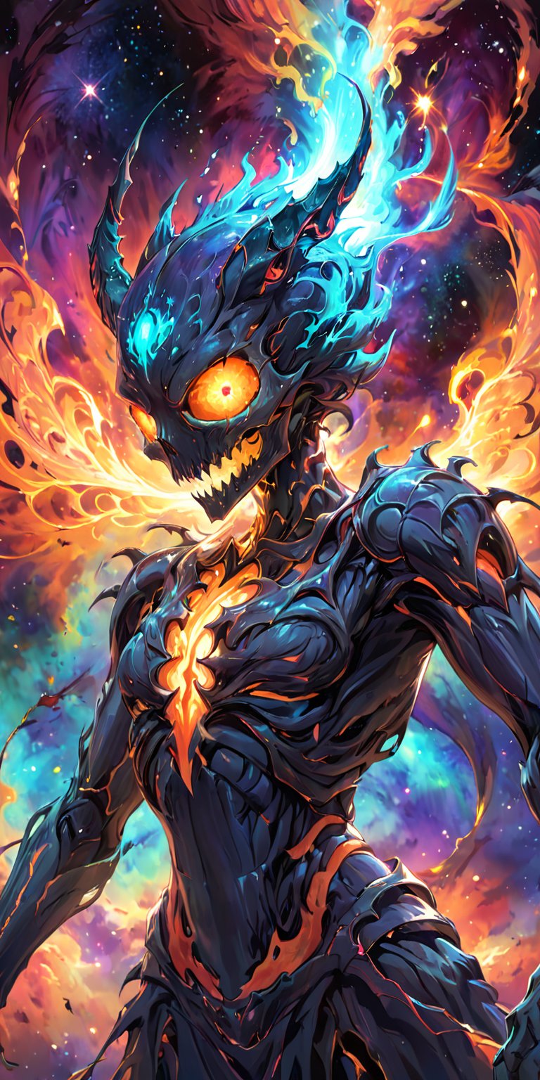 Nebula Fiend:A terrifying alien fiend with a skeletal frame and glowing,  fiery eyes,  emerging from the colorful gases of...