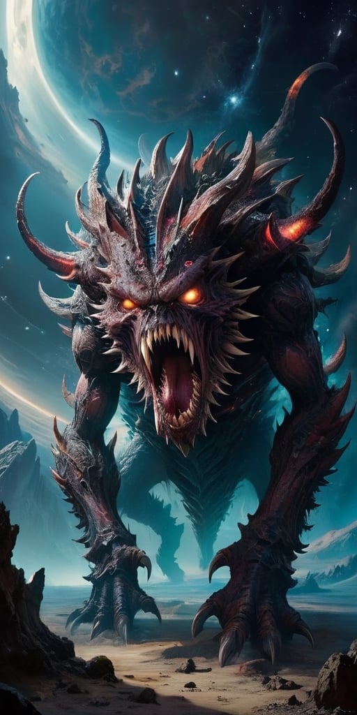 A massive,  multi-eyed behemoth with razor-sharp spines covering its body,  floating menacingly in the vastness of space b...