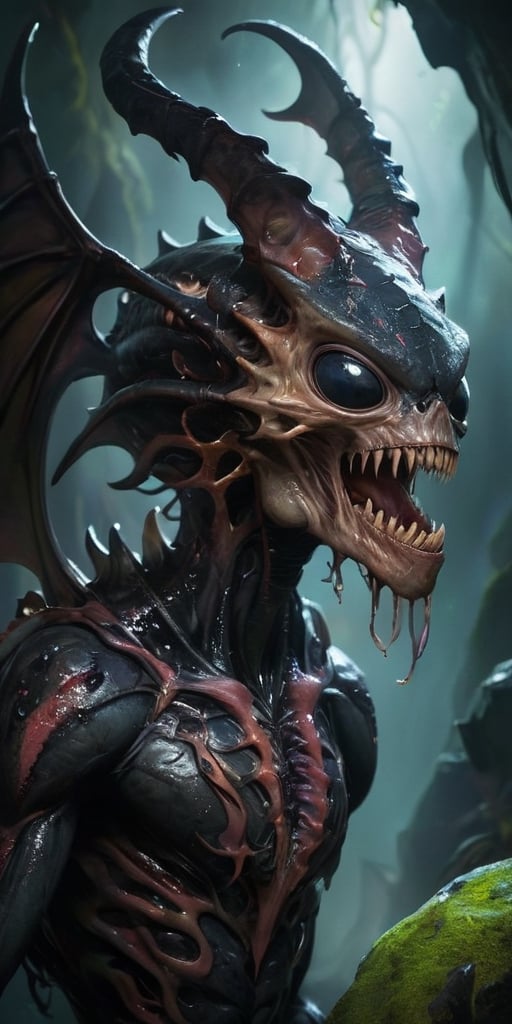 In the depths of a dark,  cavernous alien world,  a monstrous alien hybrid slithers through the shadows. Its body is a gro...