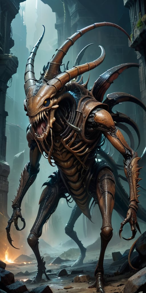 Roaming the ruins of an ancient,  alien city,  a monstrous creature with a centipede-like body and humanoid torso moves wi...