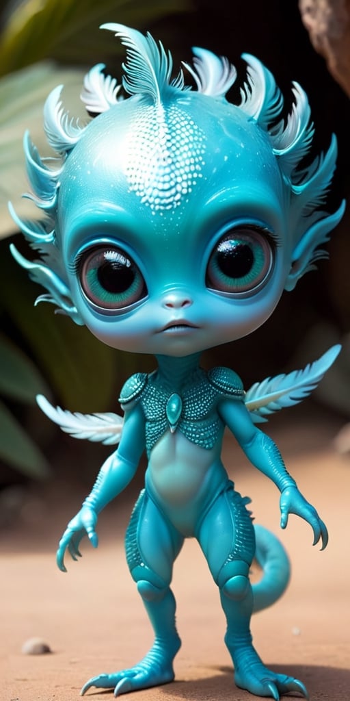 An alien infant with a body that is covered in tiny,  feather-like scales that rustle softly in the breeze. It has large,...