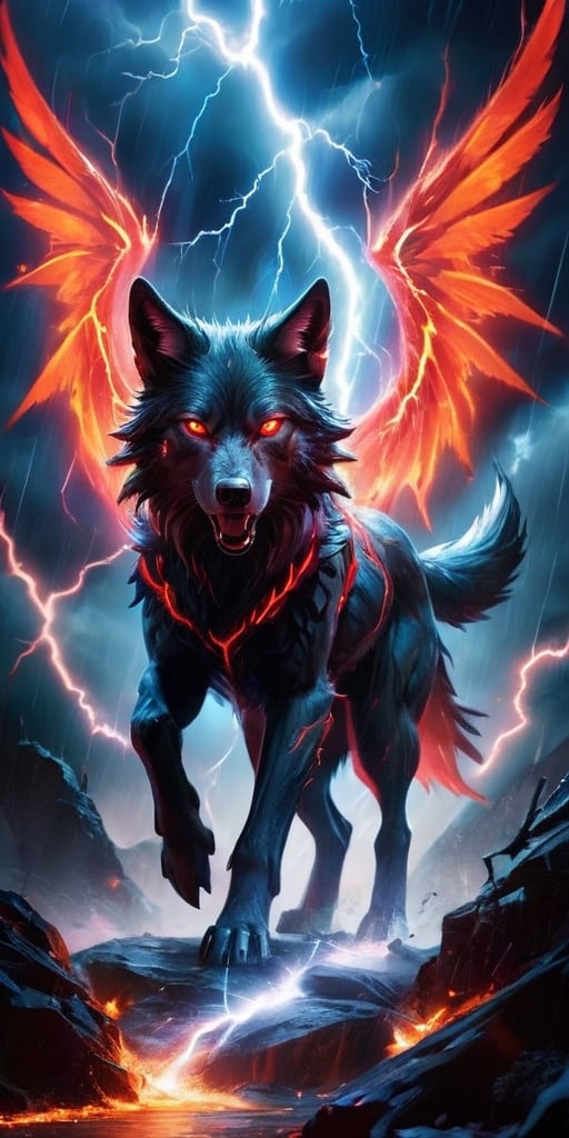 A pack of winged wolf-like creatures with glowing red eyes soar through a raging electrical storm. Their fur crackles with...
