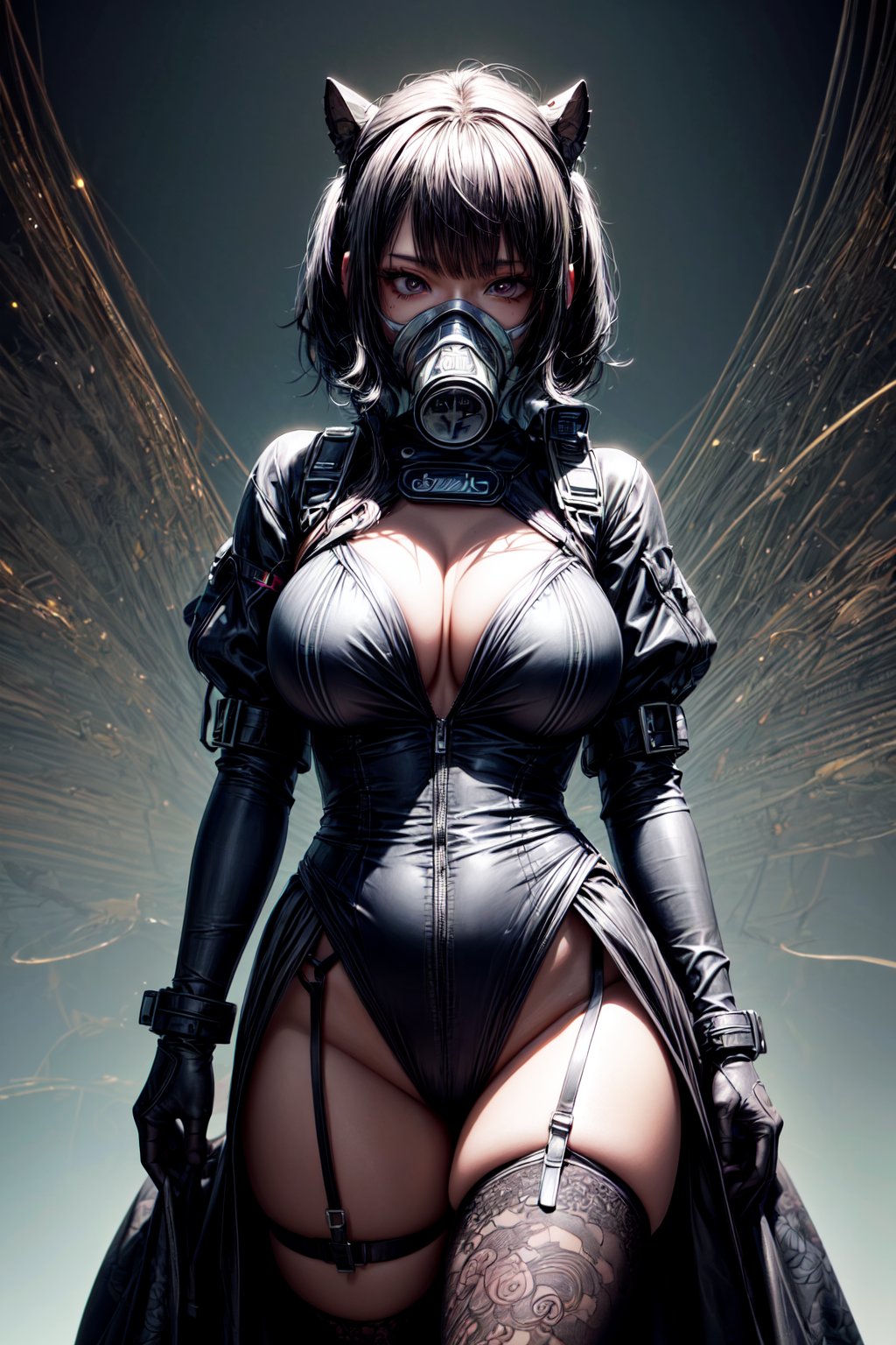 (masterpiece, top quality, best quality, official art, beautiful and aesthetic:1.2), (1girl), extreme detailed,(fractal art:1.3),colorful,highest detailed, an anime girl is wearing a gas mask, in the style of bryce 3d, sebastian errazuriz, thick texture, ben wooten, caffenol developing, majismo, li-core