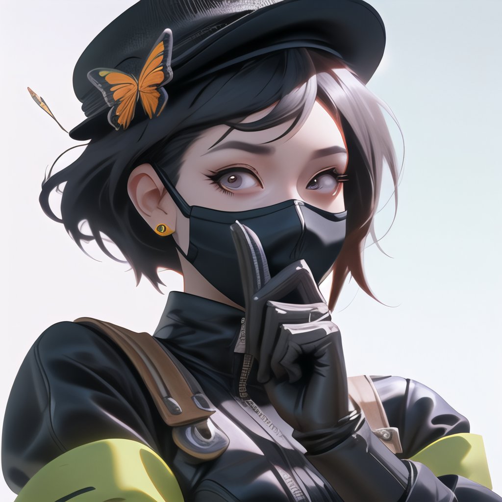  a girl in a mask wearing a hat and gloves, in the style of octane render, edgy caricatures, chung shek, utilitarian, bugcore, uhd image, high detailed