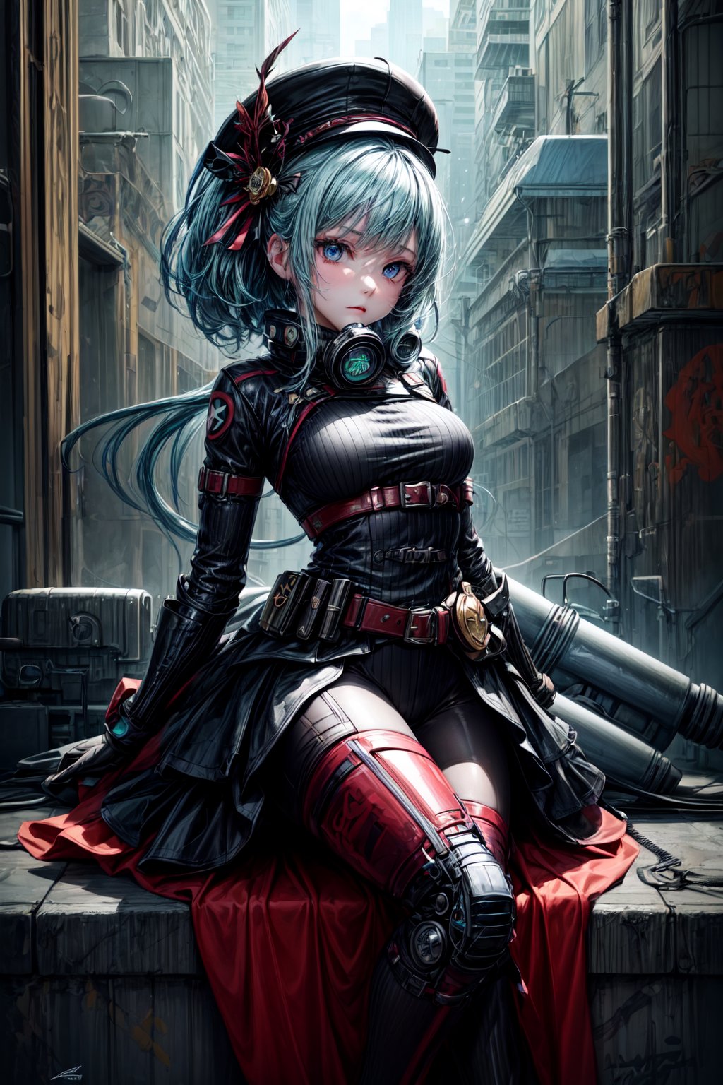 (masterpiece, top quality, best quality, official art, beautiful and aesthetic:1.2), (1girl), extreme detailed,(fractal art:1.3),colorful,highest detailed,an avatar model holding a gas mask, wearing a hat and a green hat, in the style of dolly kei, hard surface modeling, graffiti style, robotics kids, dark themes, uhd image, suburban ennui capturer, 