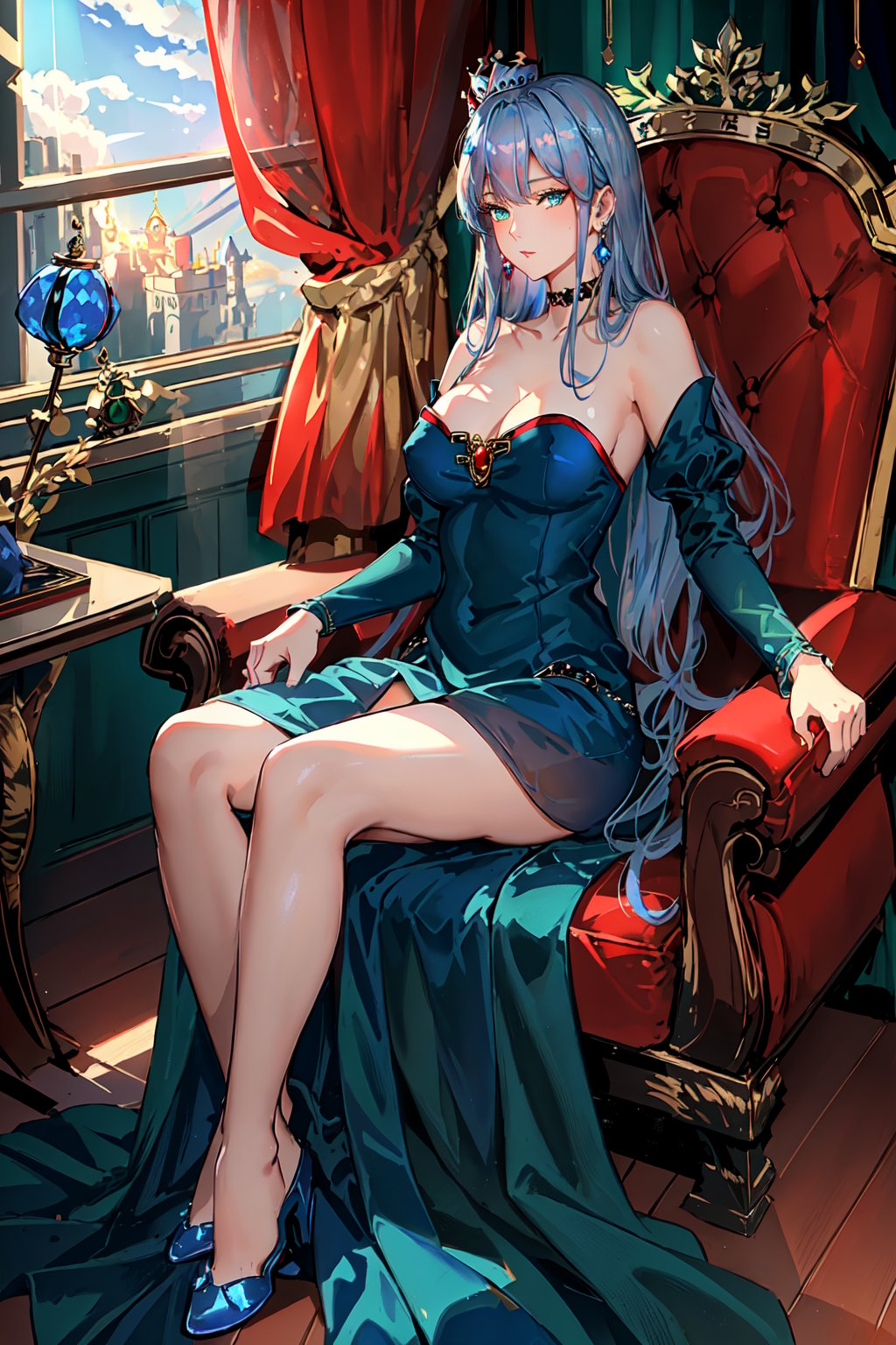 masterpiece:1.2, best quality:1.2, beautiful, high quality, highres:1.1, aesthetic), detailed, extremely detailed, ambient soft lighting, perfect blue eyes, perfect face, 1girl, large red hair, hair ornament, normal breasts, red gatsby dress, strapless, dress can see through, show nipples, bare shoulders, sleeveless, wrist cuffs, detached sleeves, earrings, black choker, looking at the viewer, full body, slim body, green eyes,LuxuriousWheelsCostume, black and blue dress, princess silver crown, ,fate/stay background, 