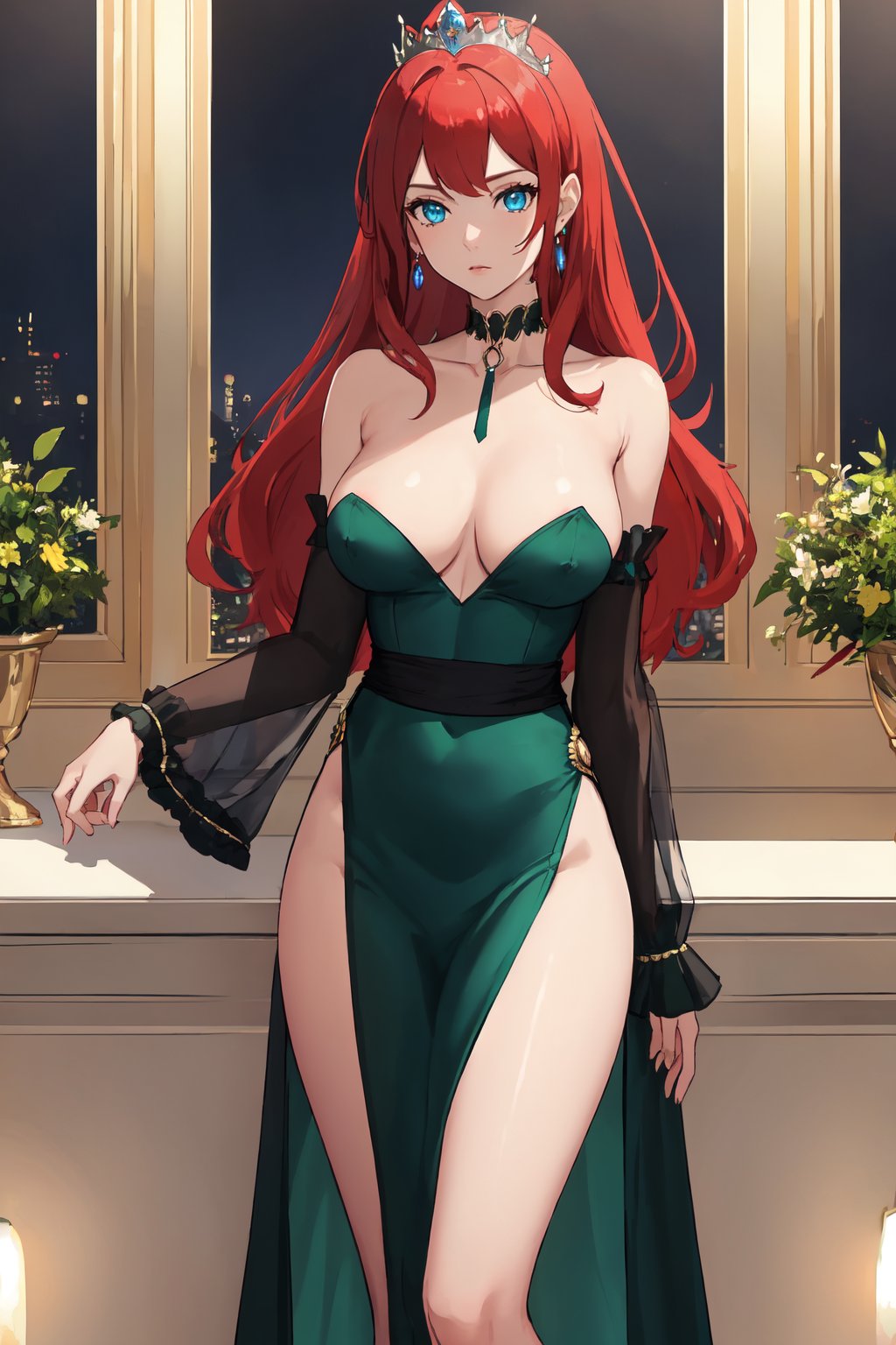 (masterpiece:1.2, best quality:1.2, beautiful, high quality, highres:1.1, aesthetic), detailed, extremely detailed, ambient soft lighting, perfect blue eyes, perfect face, 1girl, large red hair, hair ornament, normal breasts, red gatsby dress, strapless, dress can see through, show nipples, bare shoulders, sleeveless, wrist cuffs, detached sleeves, earrings, black choker, looking at the viewer, full body, slim body, green eyes,LuxuriousWheelsCostume, green, blue and black dress, princess silver crown