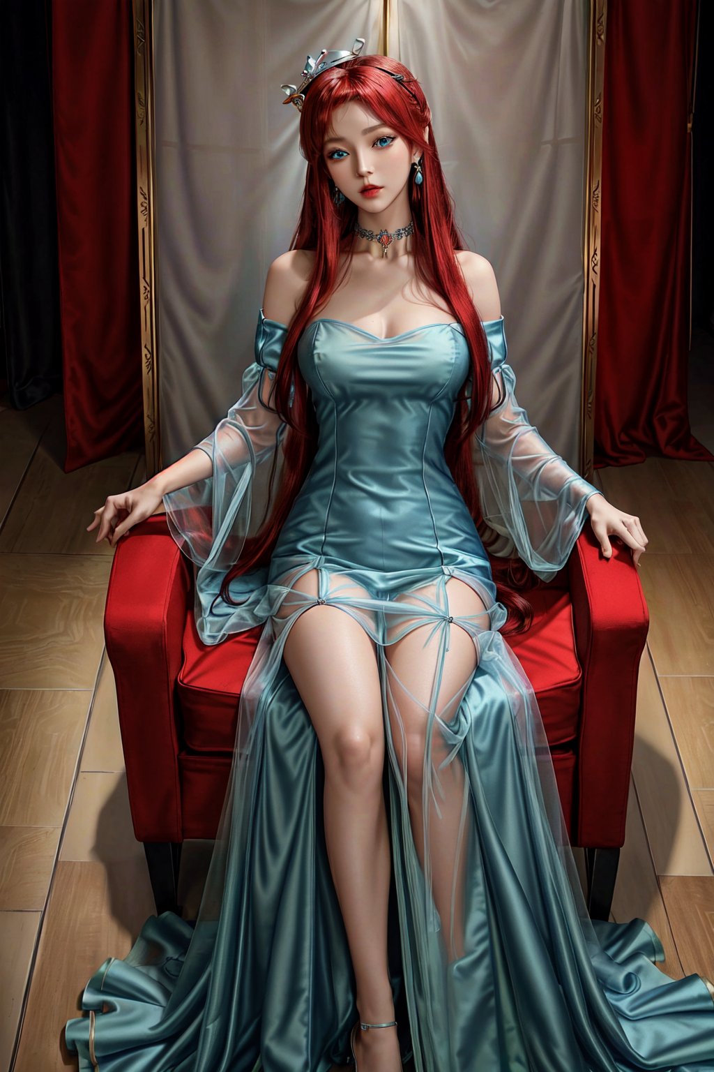 masterpiece:1.2, best quality:1.2, beautiful, high quality, highres:1.1, aesthetic), detailed, extremely detailed, ambient soft lighting, perfect blue eyes, perfect face, 1girl, large red hair, hair ornament, normal breasts, red gatsby dress, strapless, dress can see through, show nipples, bare shoulders, sleeveless, wrist cuffs, detached sleeves, earrings, black choker, looking at the viewer, full body, slim body, green eyes,LuxuriousWheelsCostume, black and blue dress, princess silver crown, long red hair,