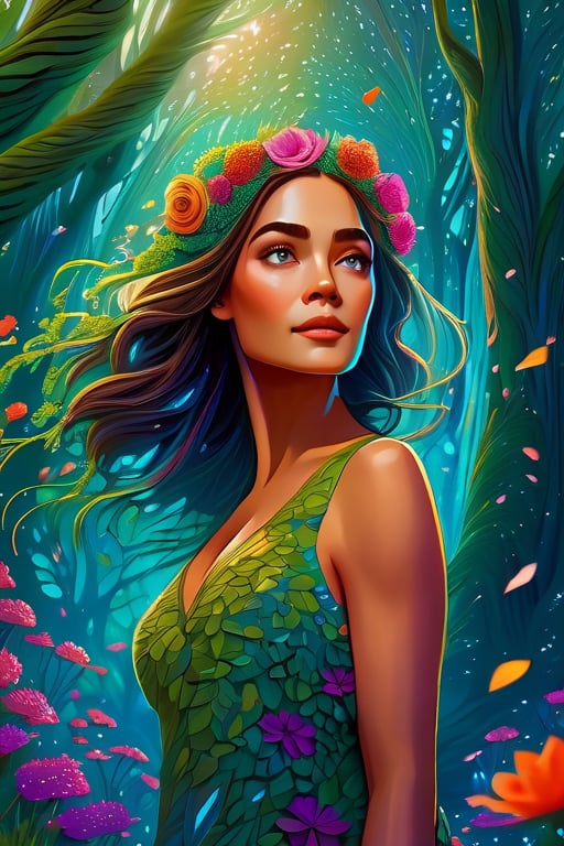 Imagine a beautiful woman walking on an enchanted forest, cinematic, masterpiece, 8k, hyperdetailed face, hyperdetailed eyes, detailed hair, fantasy forest vibe, flowers, Erin Hanson style, 