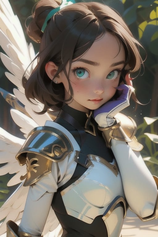 1 girl, angel, white armor, golden details, beautiful, skinny, teen loli, 16 years, sexy, looking_at_viewer, brunette, green_eyes, hand on face, full_body, warrior