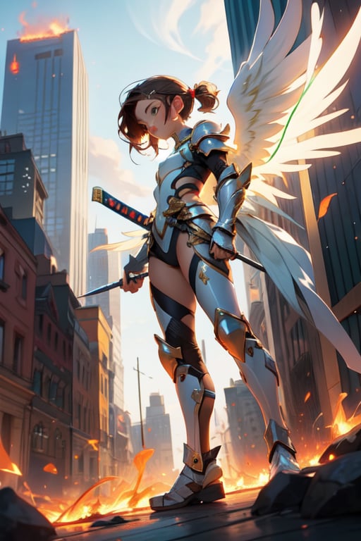 1 girl, angel, white armor, golden details, beautiful, skinny, teen loli, 16 years, sexy, looking_at_viewer, brunette, green_eyes, hand on face, full_body, standing_up, cute, large_wings, upper view, city_background, holding a fire sword, menace looking