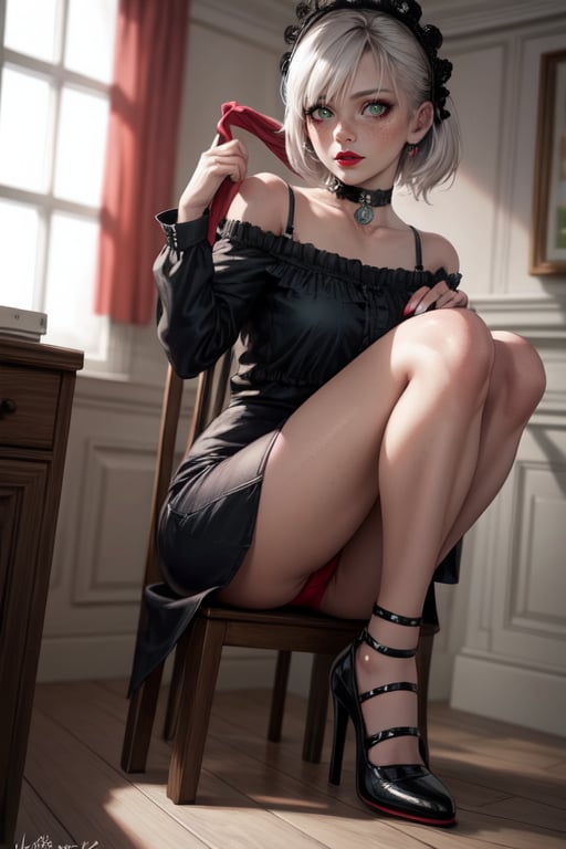  high_heels, gothic_girl, red_underwear, green_eyes, red_lipstick, choker, beautiful face, pale skin, full_body perfect_anatomy, (natural skin texture, realistic eye and face details), Best quality, masterpiece, freckles,undressing,lora:GirlfriendMix2:1,stocking_anarchy