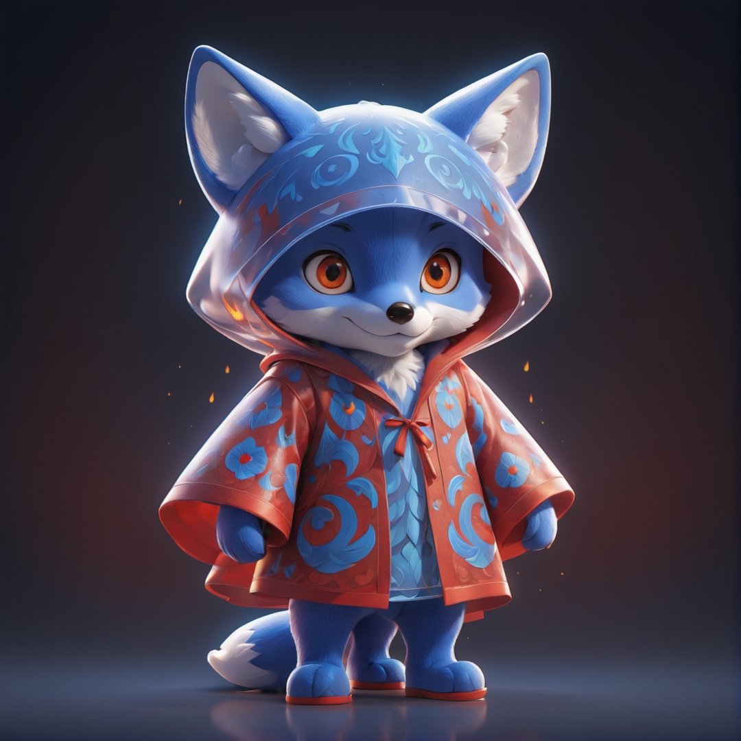 (full body) Mascot cute cuddly blue Fox, looking at camera, wearing a full red robe with printed flame pattern, big red eyes, extremely detailed, intricate details, muted color scheme, subtle gradients, photorealistic, 8k, 3d style,3d style