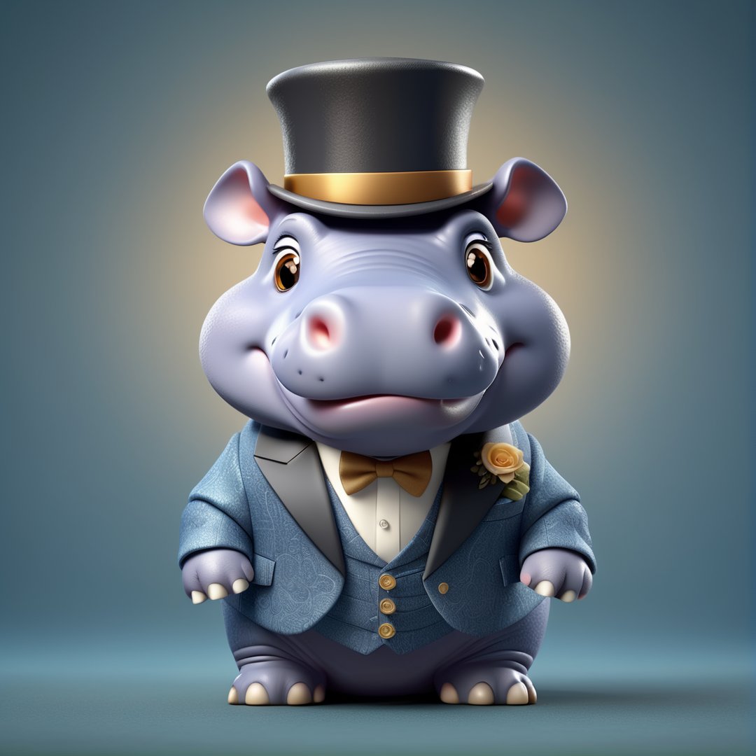 (full body) cute hippo in suit and top hat, sharp eyes, extremely detailed, intricate details, muted color scheme, subtle gradients, photorealistic, 8k, 3d style,gabumon